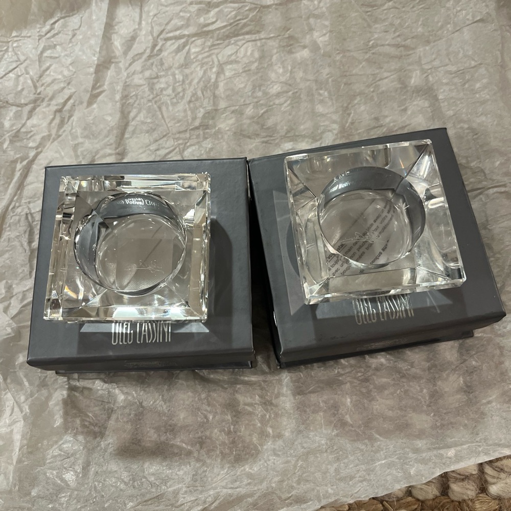 Oleg Cassini 2 crystal small crystal signed voltives in original boxes.